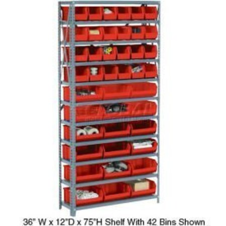 GLOBAL EQUIPMENT Steel Open Shelving with 36 Red Plastic Stacking Bins 10 Shelves - 36x18x73 603254RD